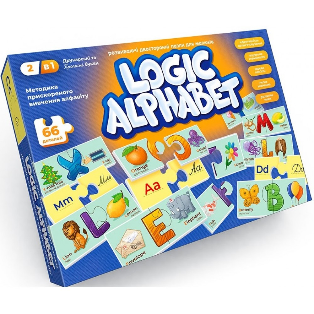 Гра пазл навчальна   Асоціації  Logic Alphabet картон англ/укр (1/12) ТМ Danko Toys 28-20-3 5см